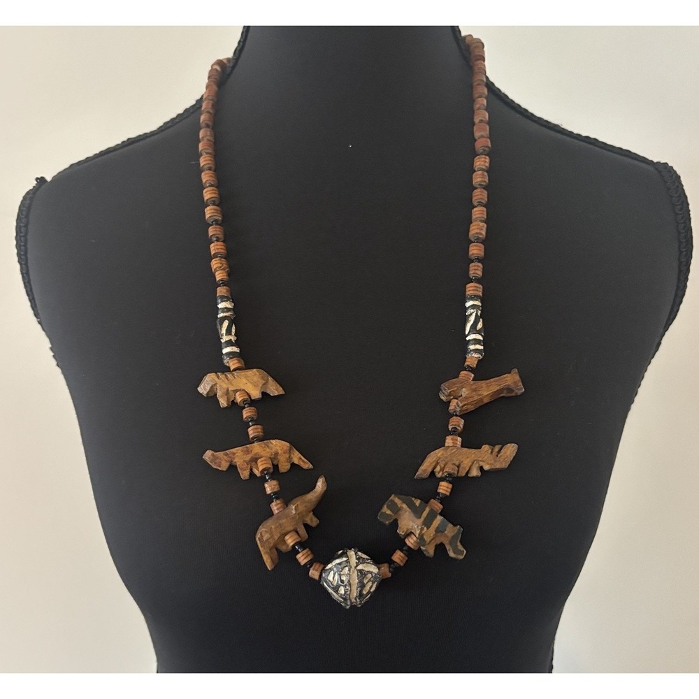 Vintage African Hand Carved Wooden Safari Jungle Animals Beaded Tribal Necklace
